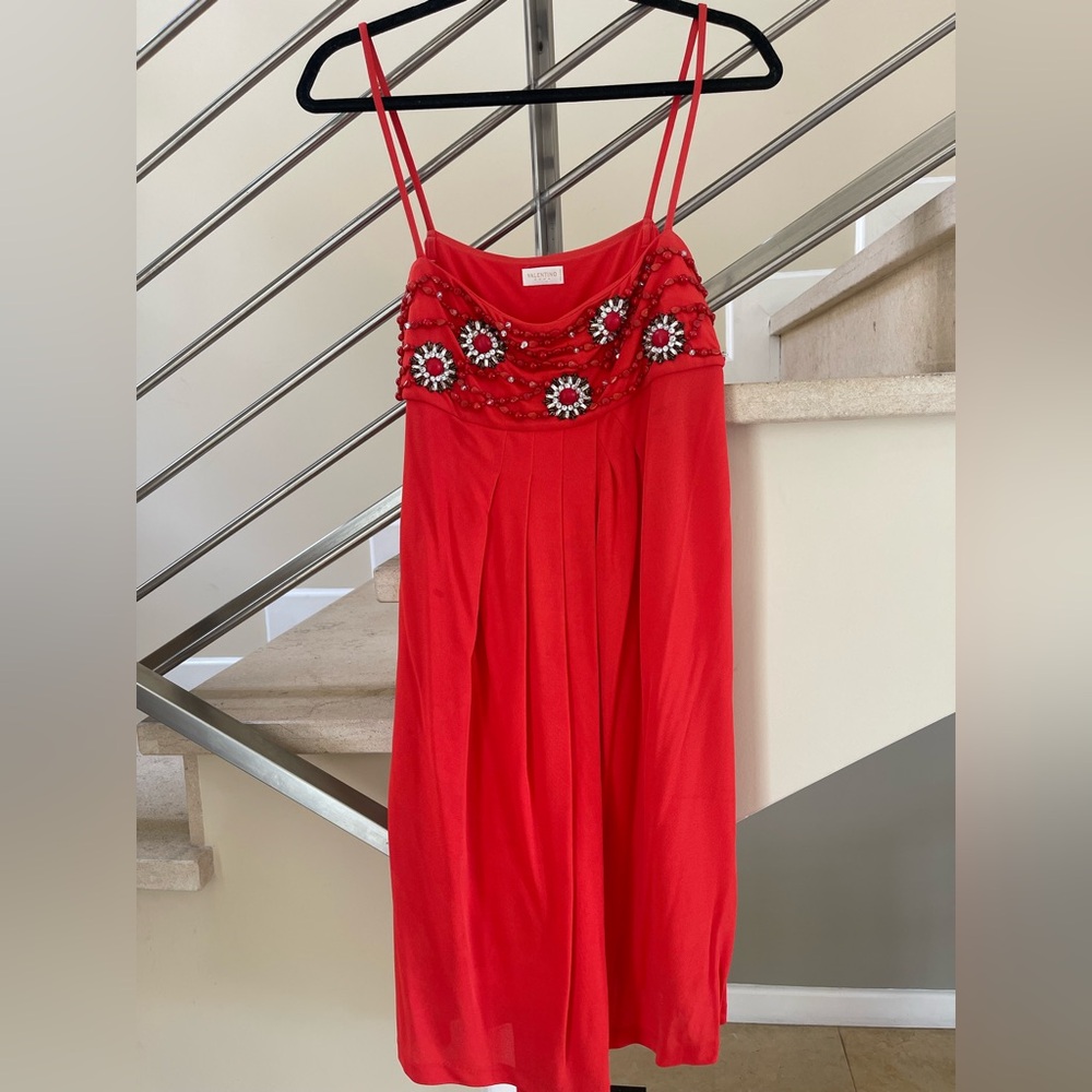 Vintage Valentino Embellished Red Spaghetti Strap Dress